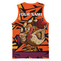 Custom Turkey Bowling Basketball Jersey with Cartoon Turkey Striker and Orange Geometric Pattern - Wonder Print Shop