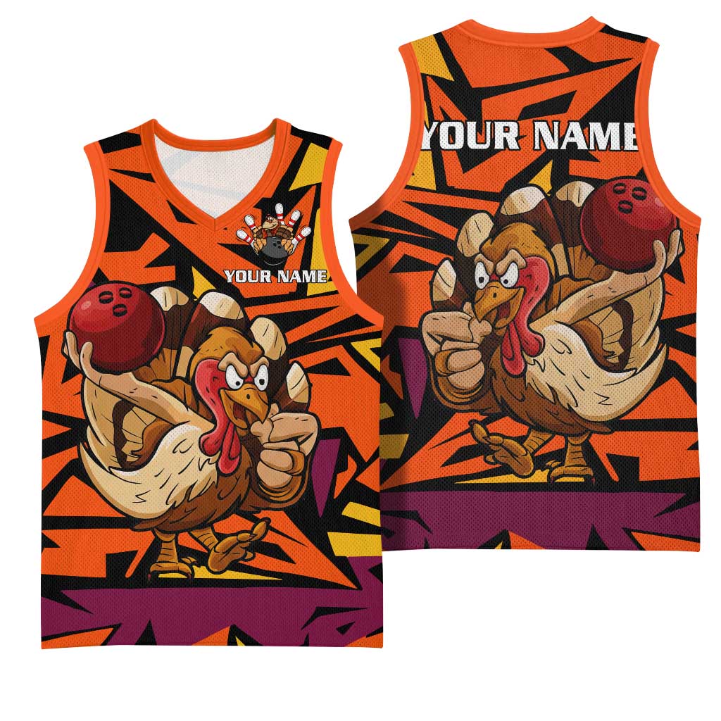 Custom Turkey Bowling Basketball Jersey with Cartoon Turkey Striker and Orange Geometric Pattern - Wonder Print Shop