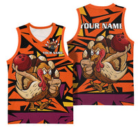 Custom Turkey Bowling Basketball Jersey with Cartoon Turkey Striker and Orange Geometric Pattern - Wonder Print Shop
