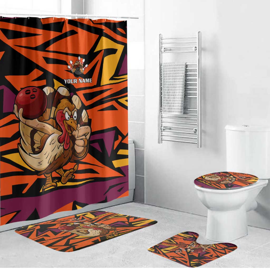 Custom Turkey Bowling Bathroom Set with Cartoon Turkey Striker and Orange Geometric Pattern - Wonder Print Shop