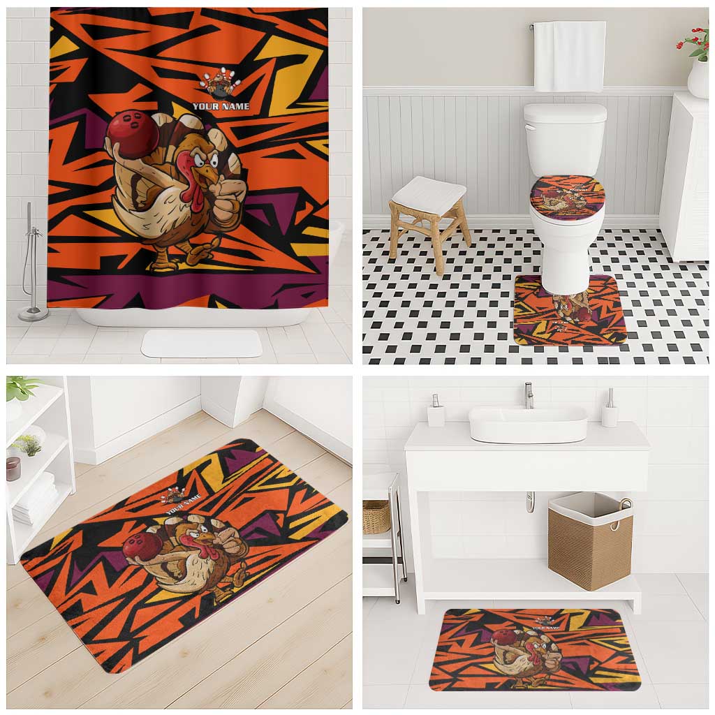 Custom Turkey Bowling Bathroom Set with Cartoon Turkey Striker and Orange Geometric Pattern - Wonder Print Shop
