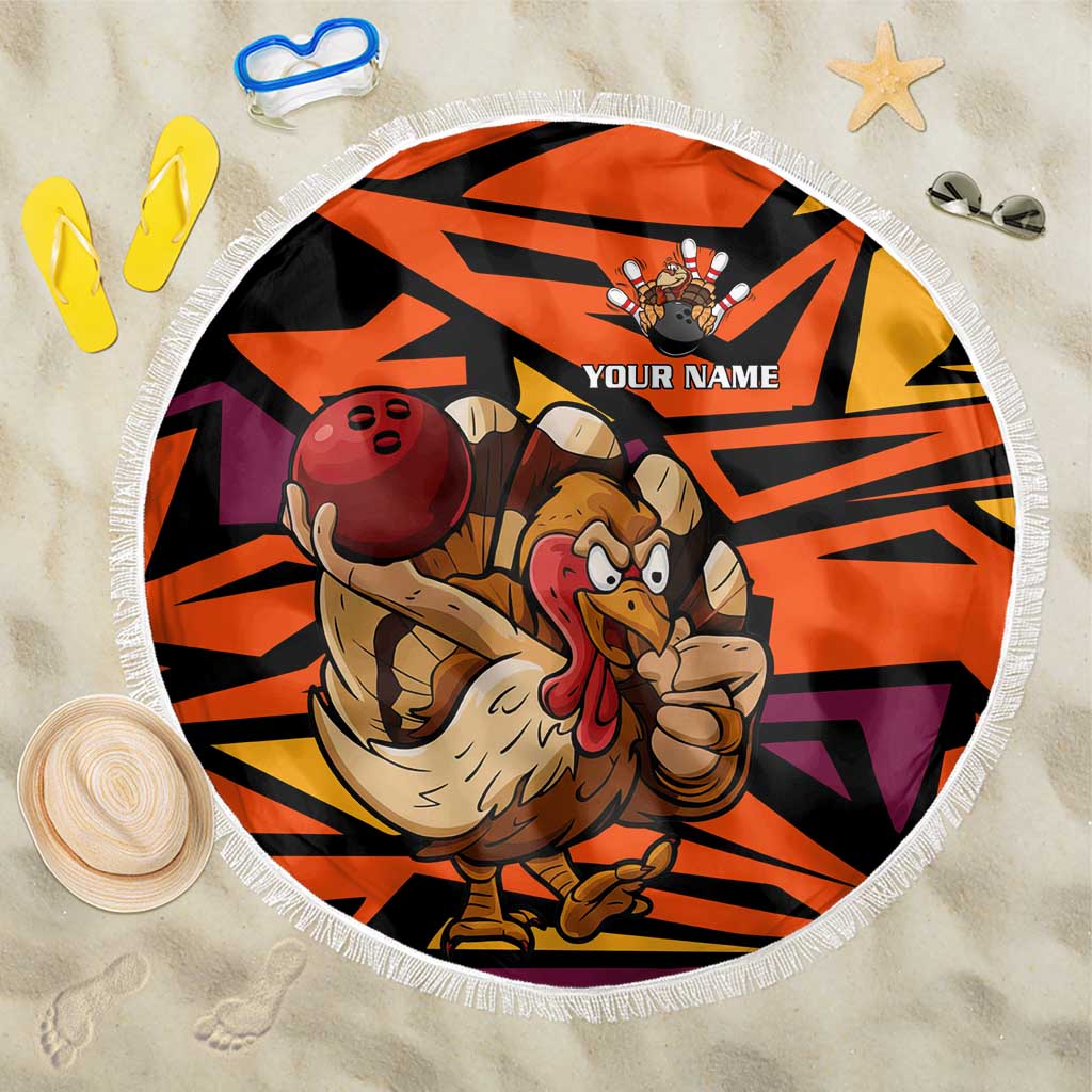 Custom Turkey Bowling Beach Blanket with Cartoon Turkey Striker and Orange Geometric Pattern - Wonder Print Shop