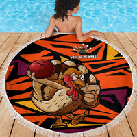 Custom Turkey Bowling Beach Blanket with Cartoon Turkey Striker and Orange Geometric Pattern - Wonder Print Shop