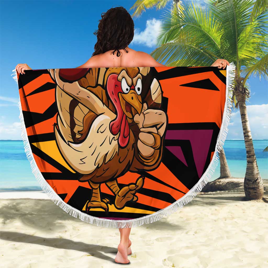 Custom Turkey Bowling Beach Blanket with Cartoon Turkey Striker and Orange Geometric Pattern - Wonder Print Shop