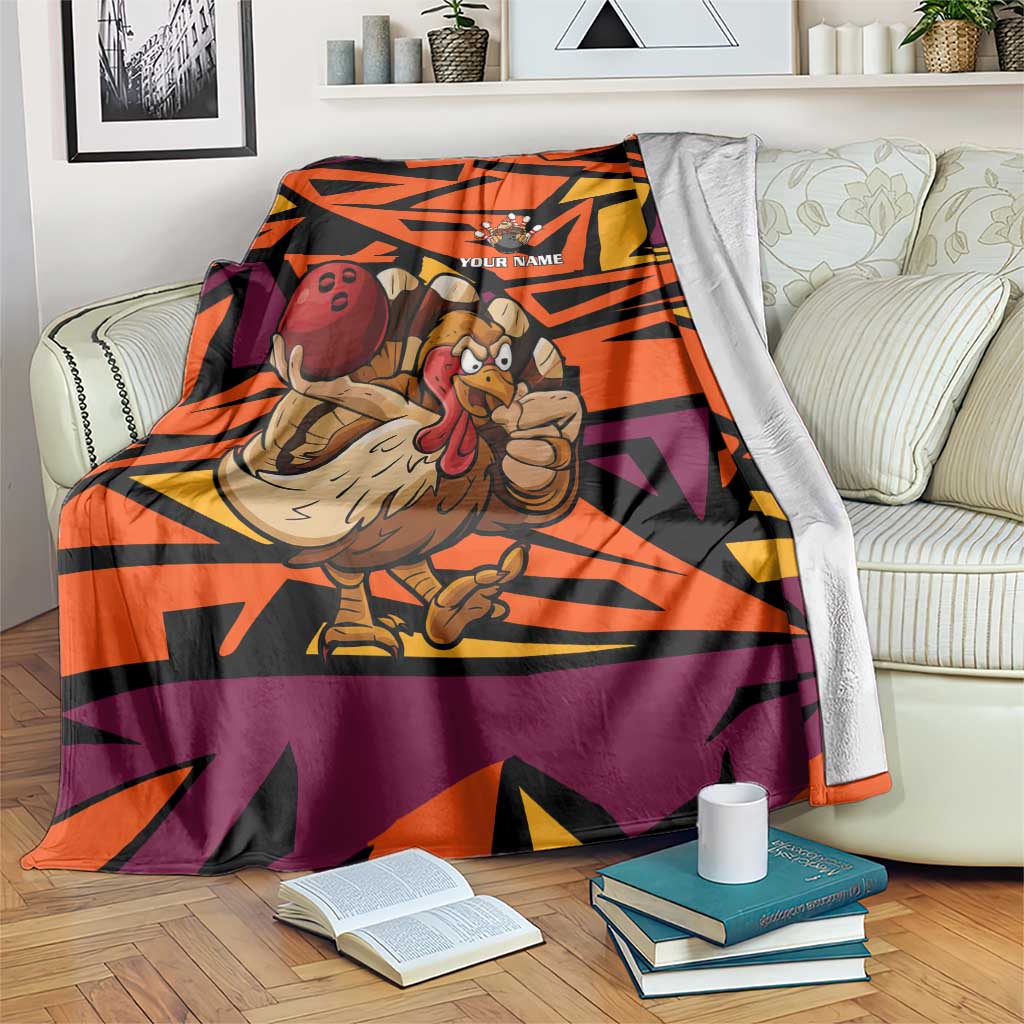 Custom Turkey Bowling Blanket with Cartoon Turkey Striker and Orange Geometric Pattern - Wonder Print Shop