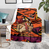 Custom Turkey Bowling Blanket with Cartoon Turkey Striker and Orange Geometric Pattern - Wonder Print Shop
