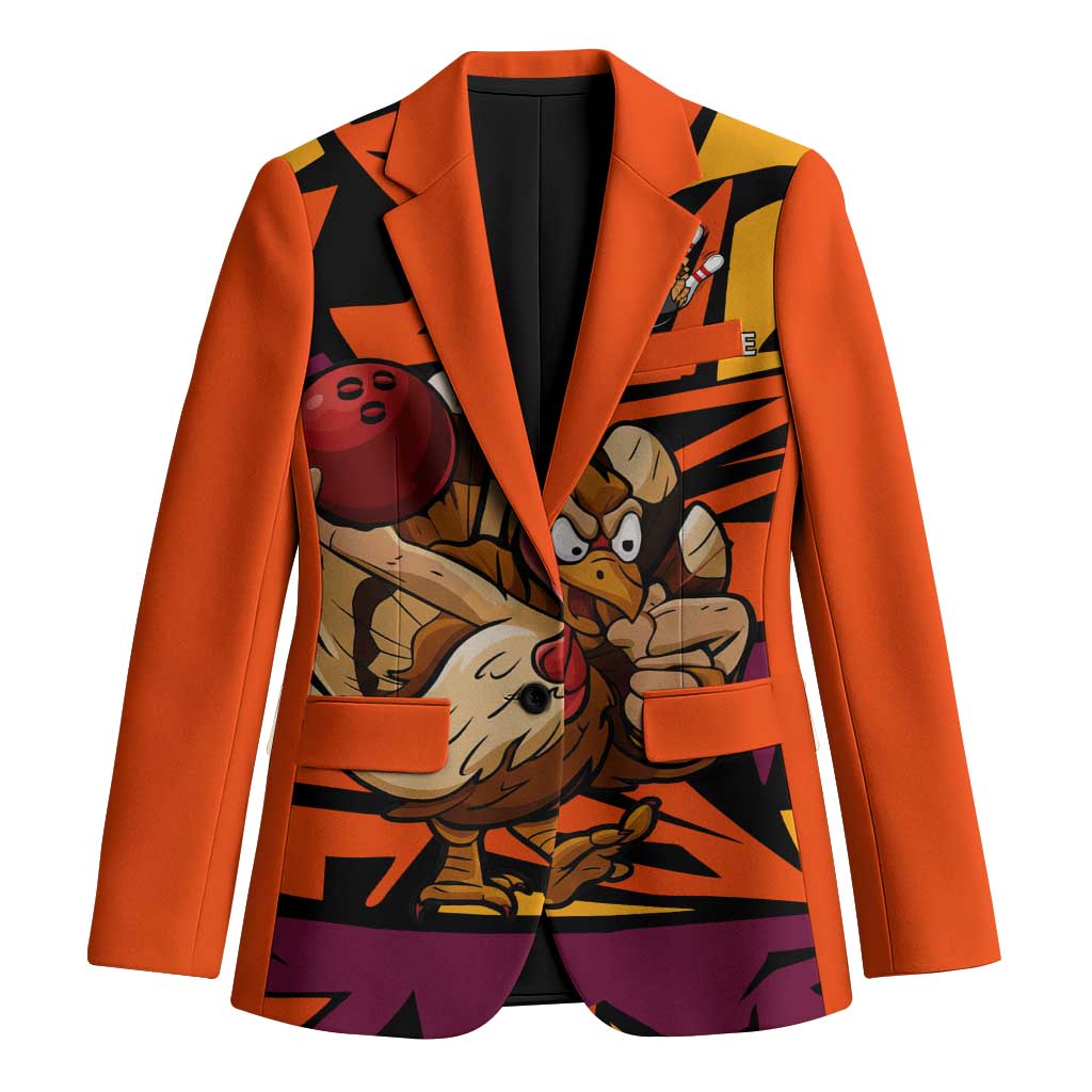 Custom Turkey Bowling Blazer with Cartoon Turkey Striker and Orange Geometric Pattern - Wonder Print Shop