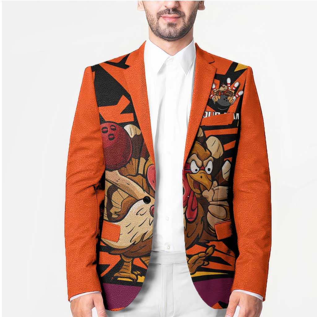 Custom Turkey Bowling Blazer with Cartoon Turkey Striker and Orange Geometric Pattern - Wonder Print Shop