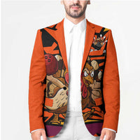 Custom Turkey Bowling Blazer with Cartoon Turkey Striker and Orange Geometric Pattern - Wonder Print Shop
