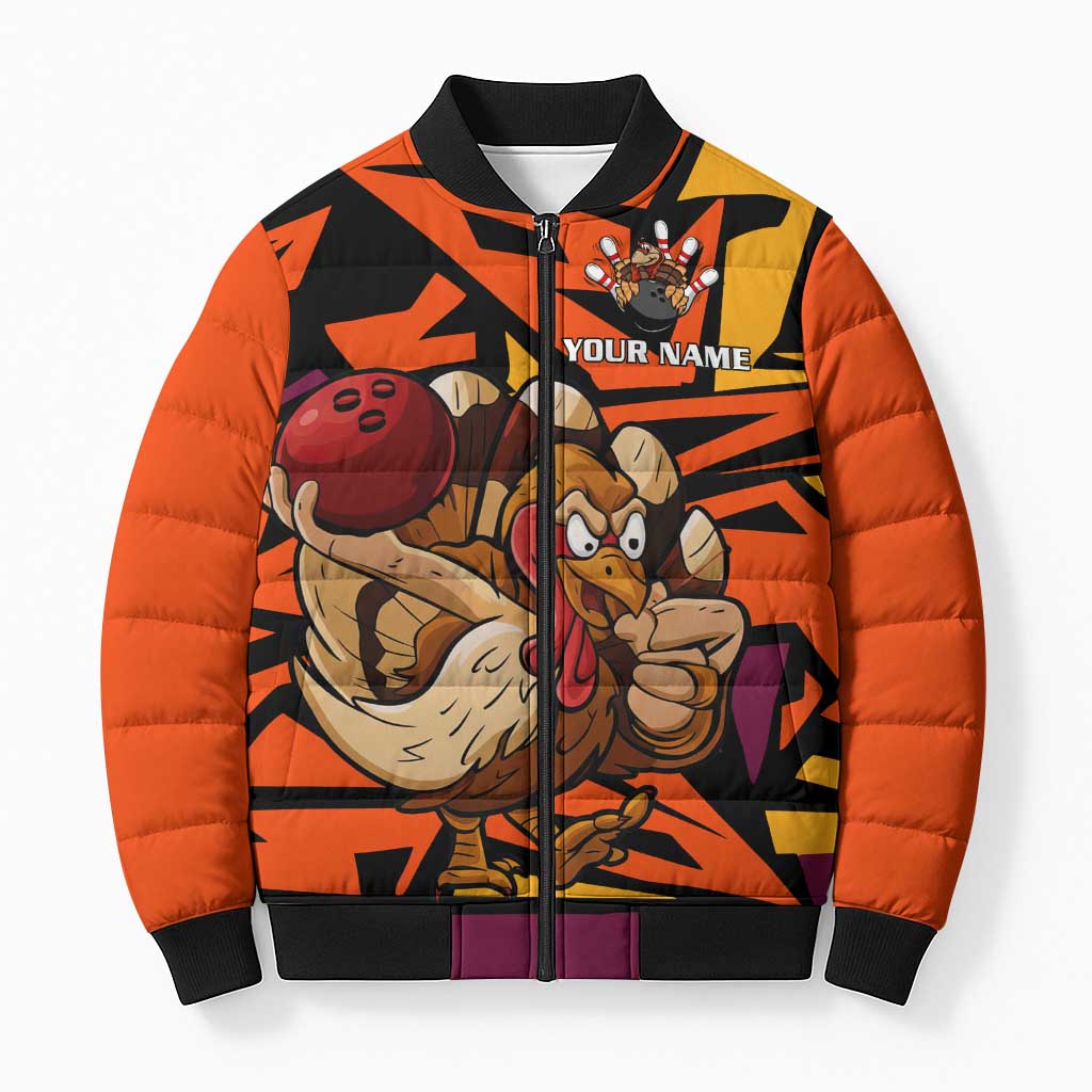 Custom Turkey Bowling Bomber Puffer Jacket with Cartoon Turkey Striker and Orange Geometric Pattern - Wonder Print Shop
