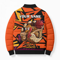 Custom Turkey Bowling Bomber Puffer Jacket with Cartoon Turkey Striker and Orange Geometric Pattern - Wonder Print Shop