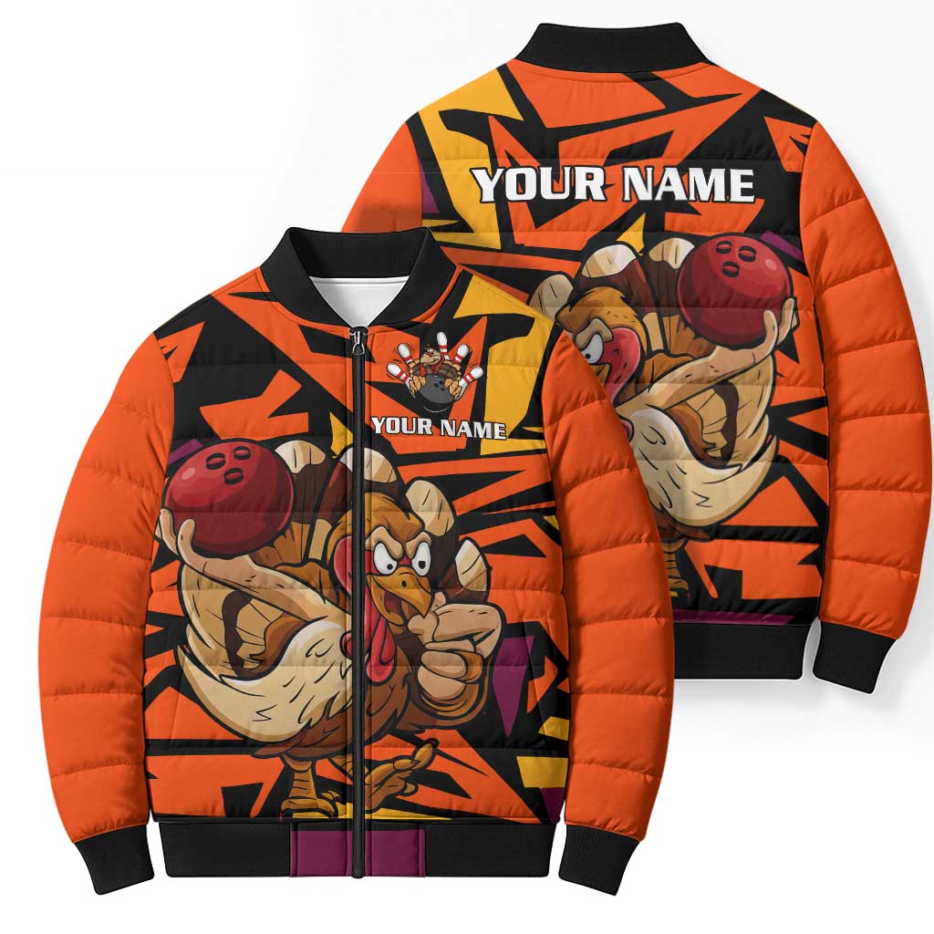 Custom Turkey Bowling Bomber Puffer Jacket with Cartoon Turkey Striker and Orange Geometric Pattern - Wonder Print Shop
