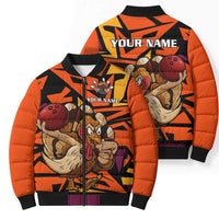 Custom Turkey Bowling Bomber Puffer Jacket with Cartoon Turkey Striker and Orange Geometric Pattern - Wonder Print Shop