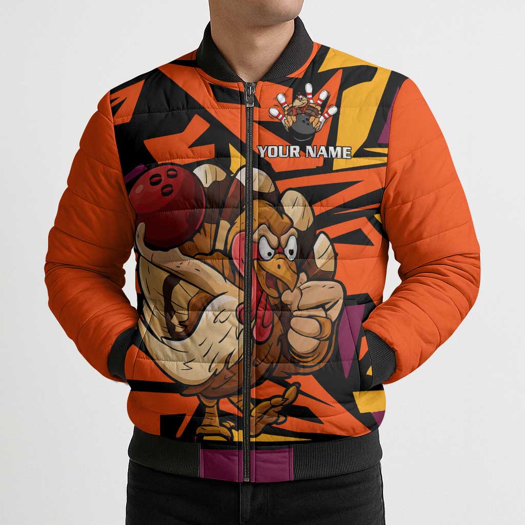Custom Turkey Bowling Bomber Puffer Jacket with Cartoon Turkey Striker and Orange Geometric Pattern - Wonder Print Shop