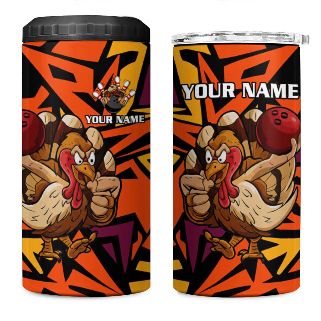 Custom Turkey Bowling 4 in 1 Can Cooler Tumbler with Cartoon Turkey Striker and Orange Geometric Pattern - Wonder Print Shop