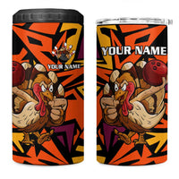 Custom Turkey Bowling 4 in 1 Can Cooler Tumbler with Cartoon Turkey Striker and Orange Geometric Pattern - Wonder Print Shop