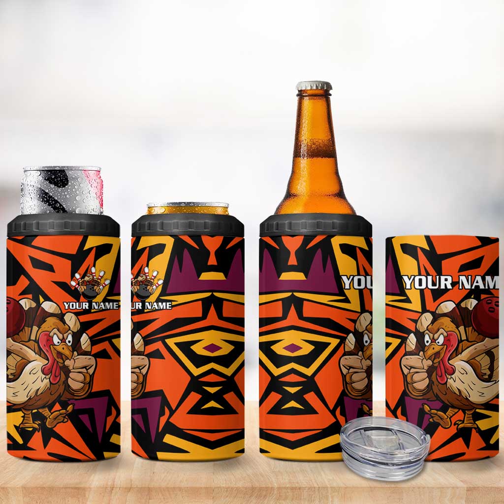 Custom Turkey Bowling 4 in 1 Can Cooler Tumbler with Cartoon Turkey Striker and Orange Geometric Pattern - Wonder Print Shop