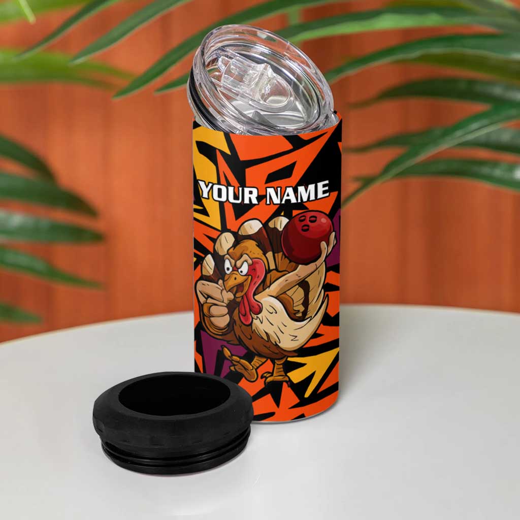 Custom Turkey Bowling 4 in 1 Can Cooler Tumbler with Cartoon Turkey Striker and Orange Geometric Pattern - Wonder Print Shop
