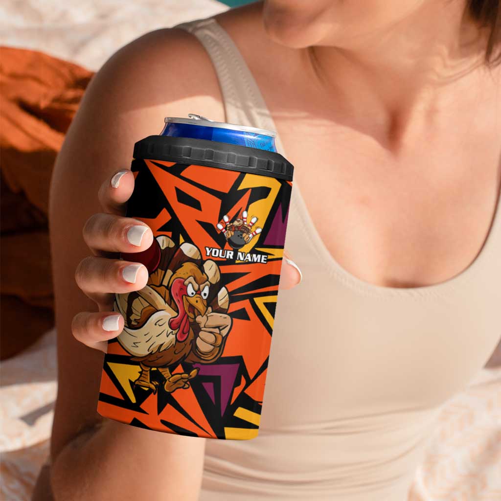 Custom Turkey Bowling 4 in 1 Can Cooler Tumbler with Cartoon Turkey Striker and Orange Geometric Pattern - Wonder Print Shop