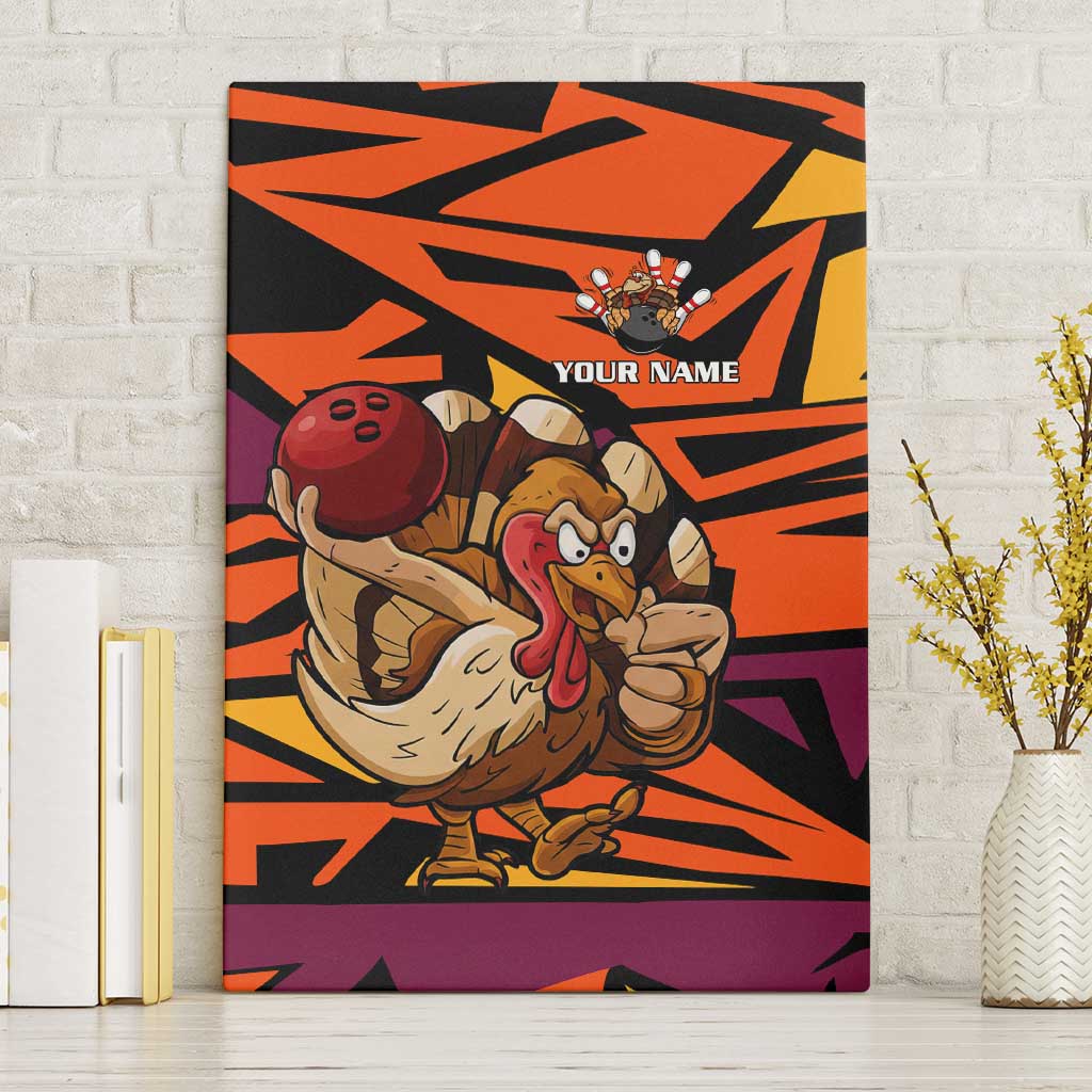 Custom Turkey Bowling Canvas Wall Art with Cartoon Turkey Striker and Orange Geometric Pattern - Wonder Print Shop