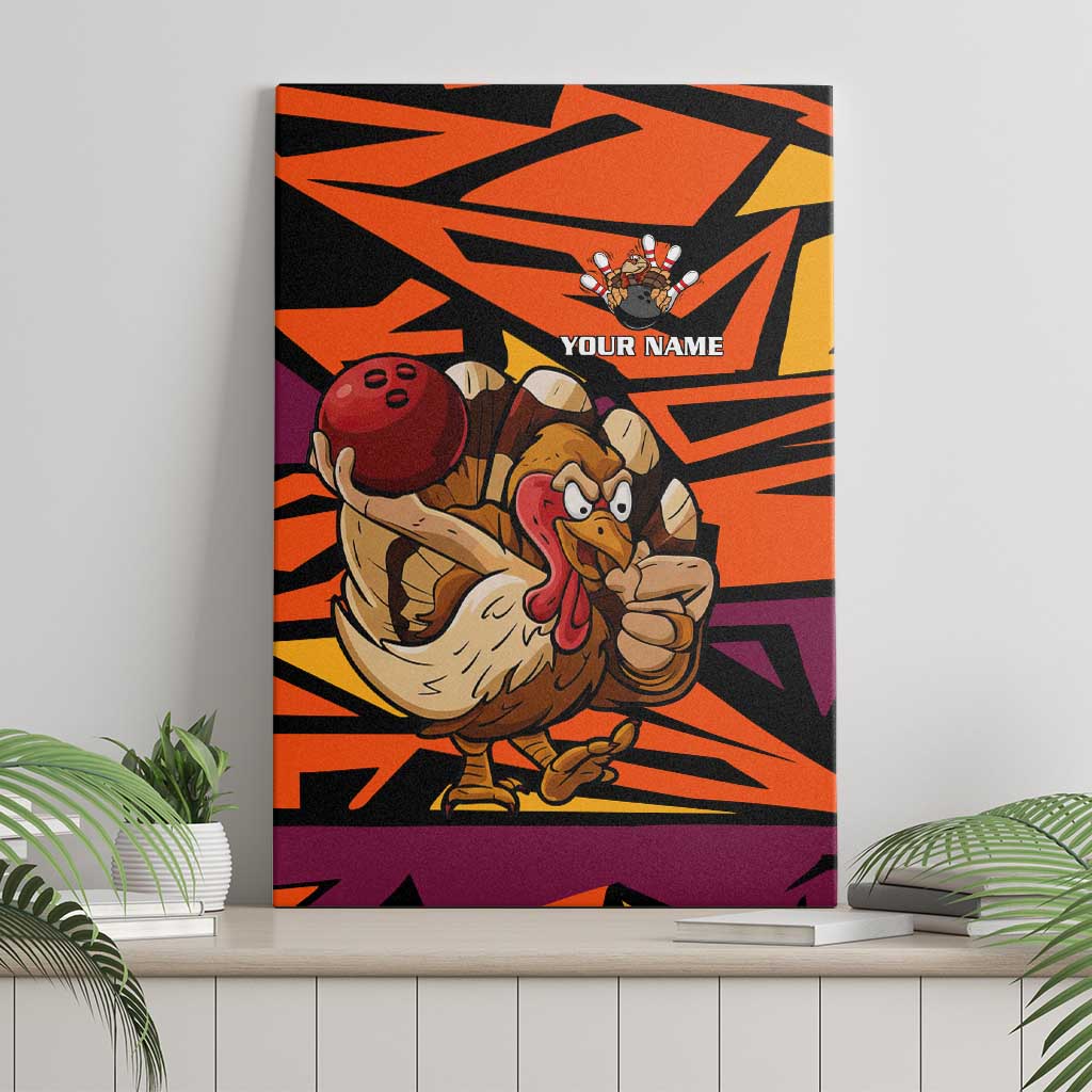 Custom Turkey Bowling Canvas Wall Art with Cartoon Turkey Striker and Orange Geometric Pattern - Wonder Print Shop
