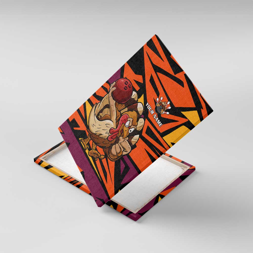 Custom Turkey Bowling Canvas Wall Art with Cartoon Turkey Striker and Orange Geometric Pattern - Wonder Print Shop