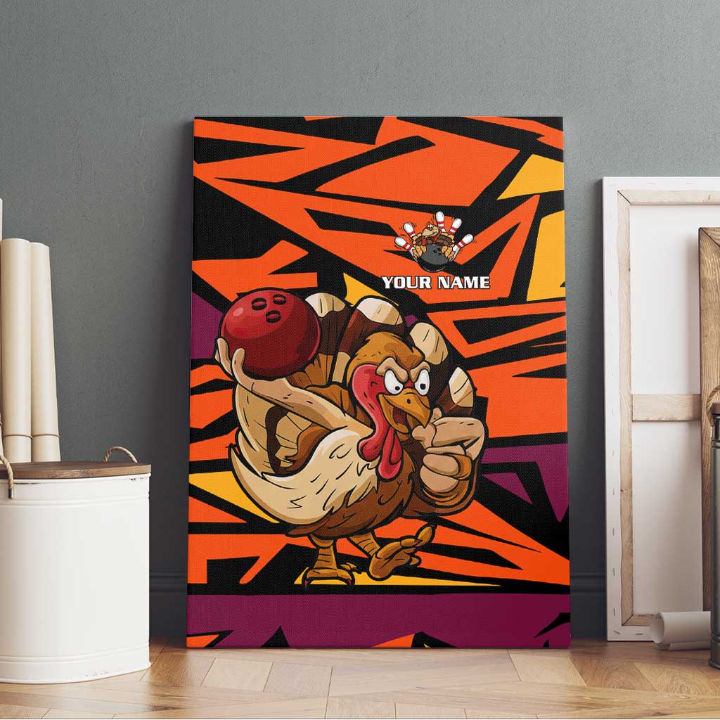 Custom Turkey Bowling Canvas Wall Art with Cartoon Turkey Striker and Orange Geometric Pattern - Wonder Print Shop