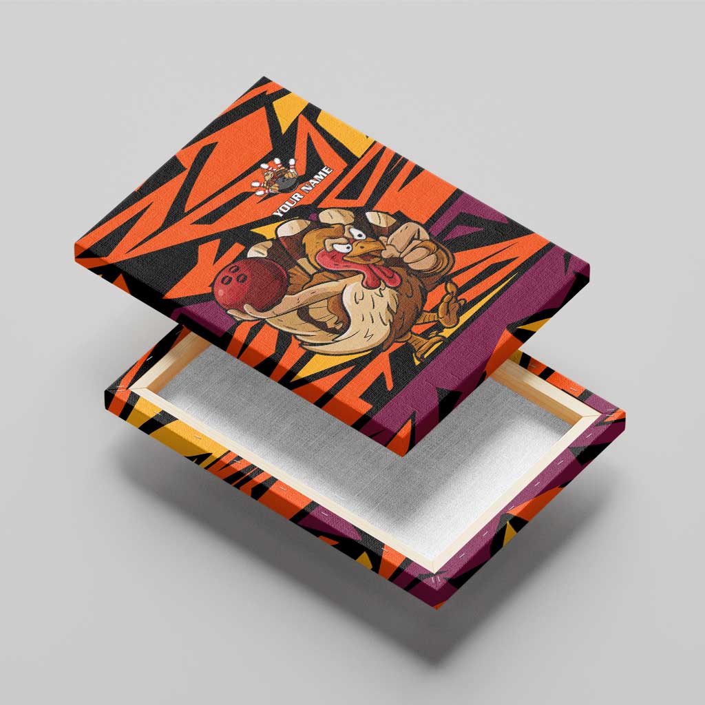 Custom Turkey Bowling Canvas Wall Art with Cartoon Turkey Striker and Orange Geometric Pattern - Wonder Print Shop
