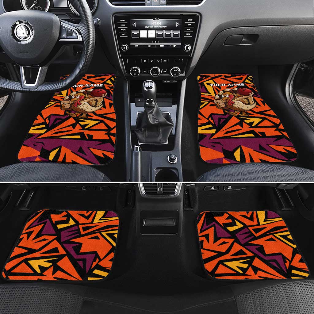 Custom Turkey Bowling Car Mats with Cartoon Turkey Striker and Orange Geometric Pattern - Wonder Print Shop