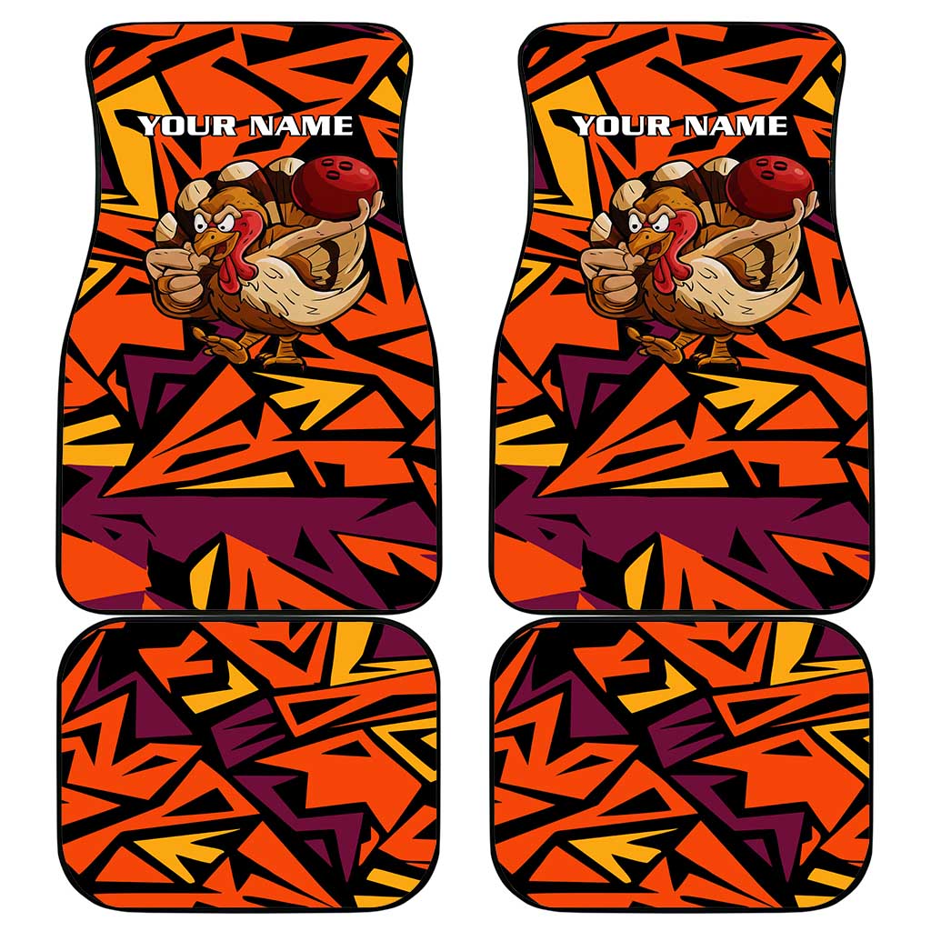 Custom Turkey Bowling Car Mats with Cartoon Turkey Striker and Orange Geometric Pattern - Wonder Print Shop