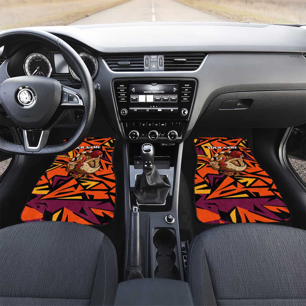 Custom Turkey Bowling Car Mats with Cartoon Turkey Striker and Orange Geometric Pattern - Wonder Print Shop