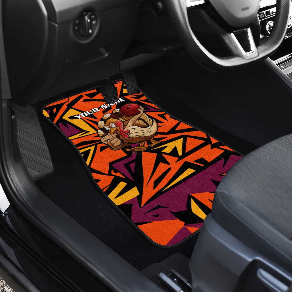 Custom Turkey Bowling Car Mats with Cartoon Turkey Striker and Orange Geometric Pattern - Wonder Print Shop