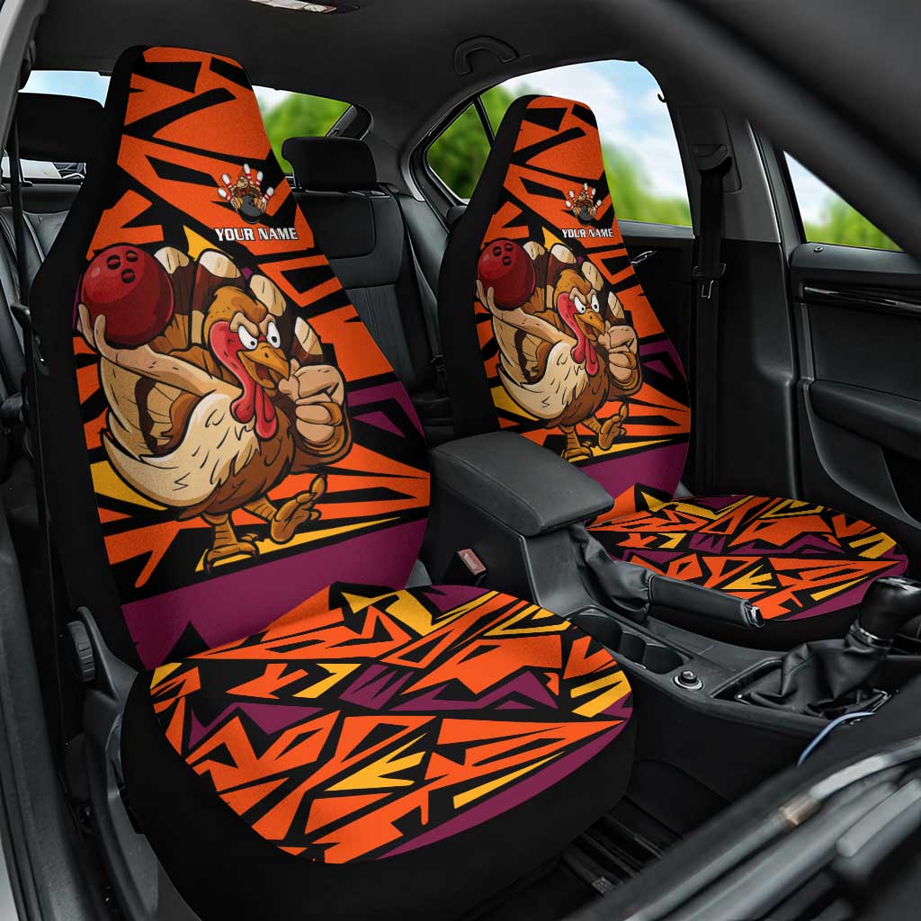 Custom Turkey Bowling Car Seat Cover with Cartoon Turkey Striker and Orange Geometric Pattern - Wonder Print Shop