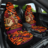 Custom Turkey Bowling Car Seat Cover with Cartoon Turkey Striker and Orange Geometric Pattern - Wonder Print Shop