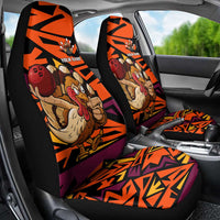 Custom Turkey Bowling Car Seat Cover with Cartoon Turkey Striker and Orange Geometric Pattern - Wonder Print Shop