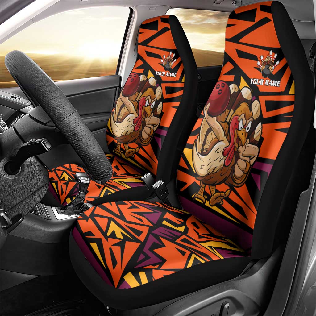 Custom Turkey Bowling Car Seat Cover with Cartoon Turkey Striker and Orange Geometric Pattern - Wonder Print Shop