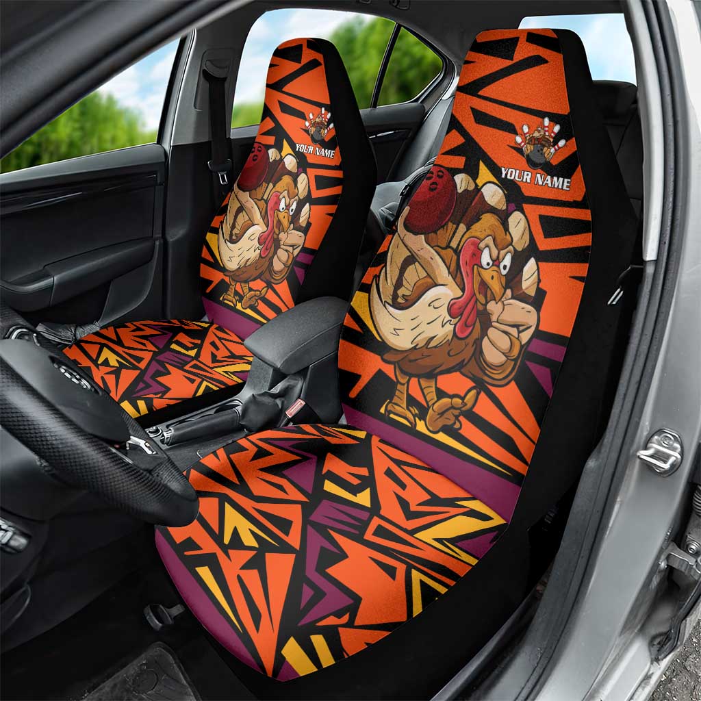 Custom Turkey Bowling Car Seat Cover with Cartoon Turkey Striker and Orange Geometric Pattern - Wonder Print Shop