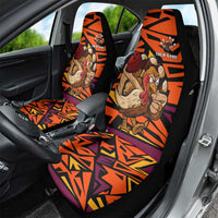 Custom Turkey Bowling Car Seat Cover with Cartoon Turkey Striker and Orange Geometric Pattern - Wonder Print Shop