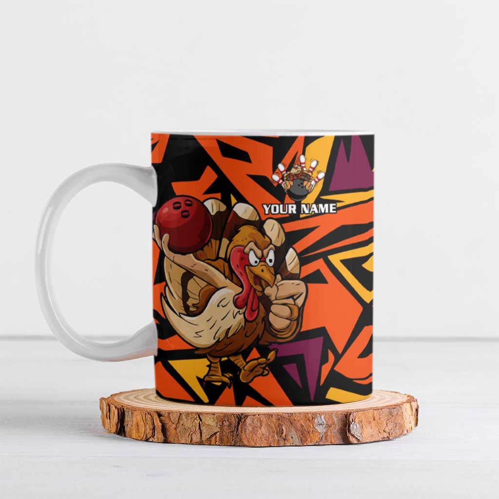 Custom Turkey Bowling Ceramic Mug with Cartoon Turkey Striker and Orange Geometric Pattern - Wonder Print Shop