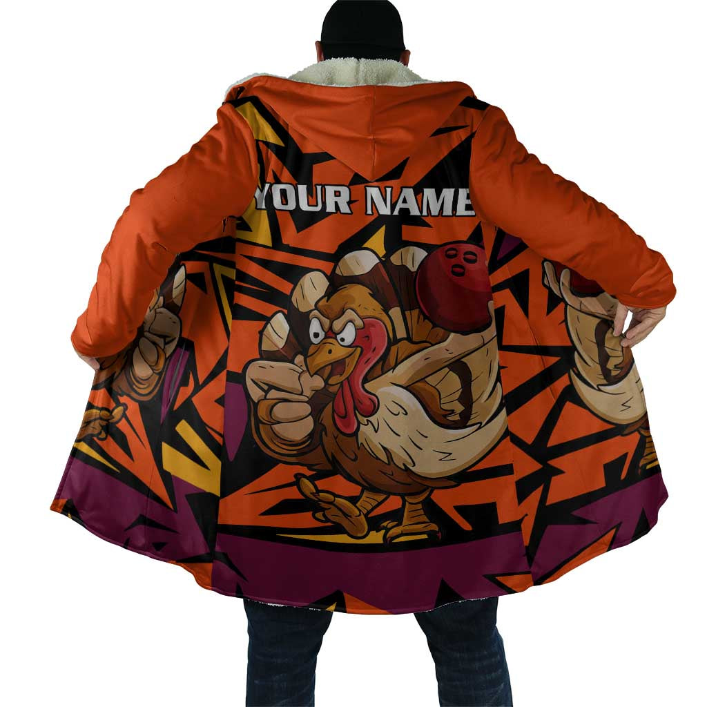 Custom Turkey Bowling Cloak with Cartoon Turkey Striker and Orange Geometric Pattern - Wonder Print Shop