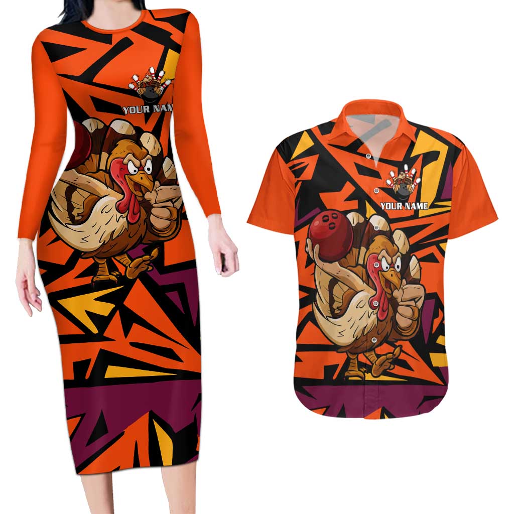 Custom Turkey Bowling Couples Matching Long Sleeve Bodycon Dress and Hawaiian Shirt with Cartoon Turkey Striker and Orange Geometric Pattern - Wonder Print Shop