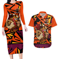 Custom Turkey Bowling Couples Matching Long Sleeve Bodycon Dress and Hawaiian Shirt with Cartoon Turkey Striker and Orange Geometric Pattern - Wonder Print Shop