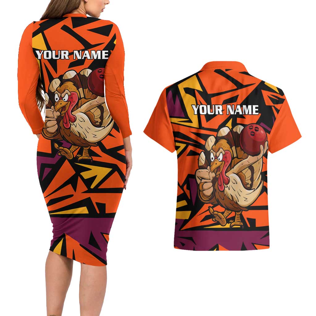 Custom Turkey Bowling Couples Matching Long Sleeve Bodycon Dress and Hawaiian Shirt with Cartoon Turkey Striker and Orange Geometric Pattern - Wonder Print Shop