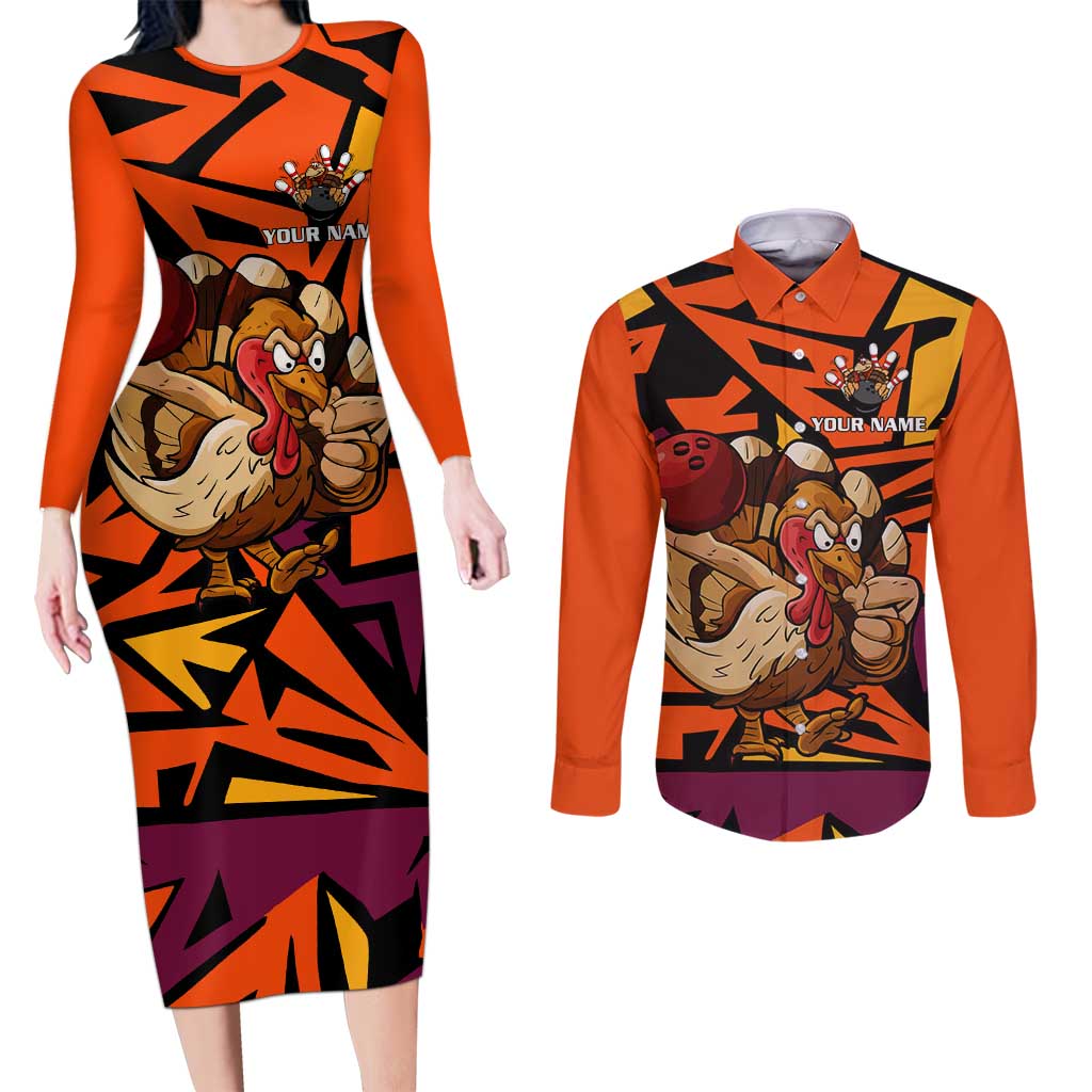 Custom Turkey Bowling Couples Matching Long Sleeve Bodycon Dress and Long Sleeve Button Shirt with Cartoon Turkey Striker and Orange Geometric Pattern - Wonder Print Shop