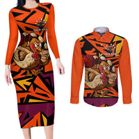 Custom Turkey Bowling Couples Matching Long Sleeve Bodycon Dress and Long Sleeve Button Shirt with Cartoon Turkey Striker and Orange Geometric Pattern - Wonder Print Shop
