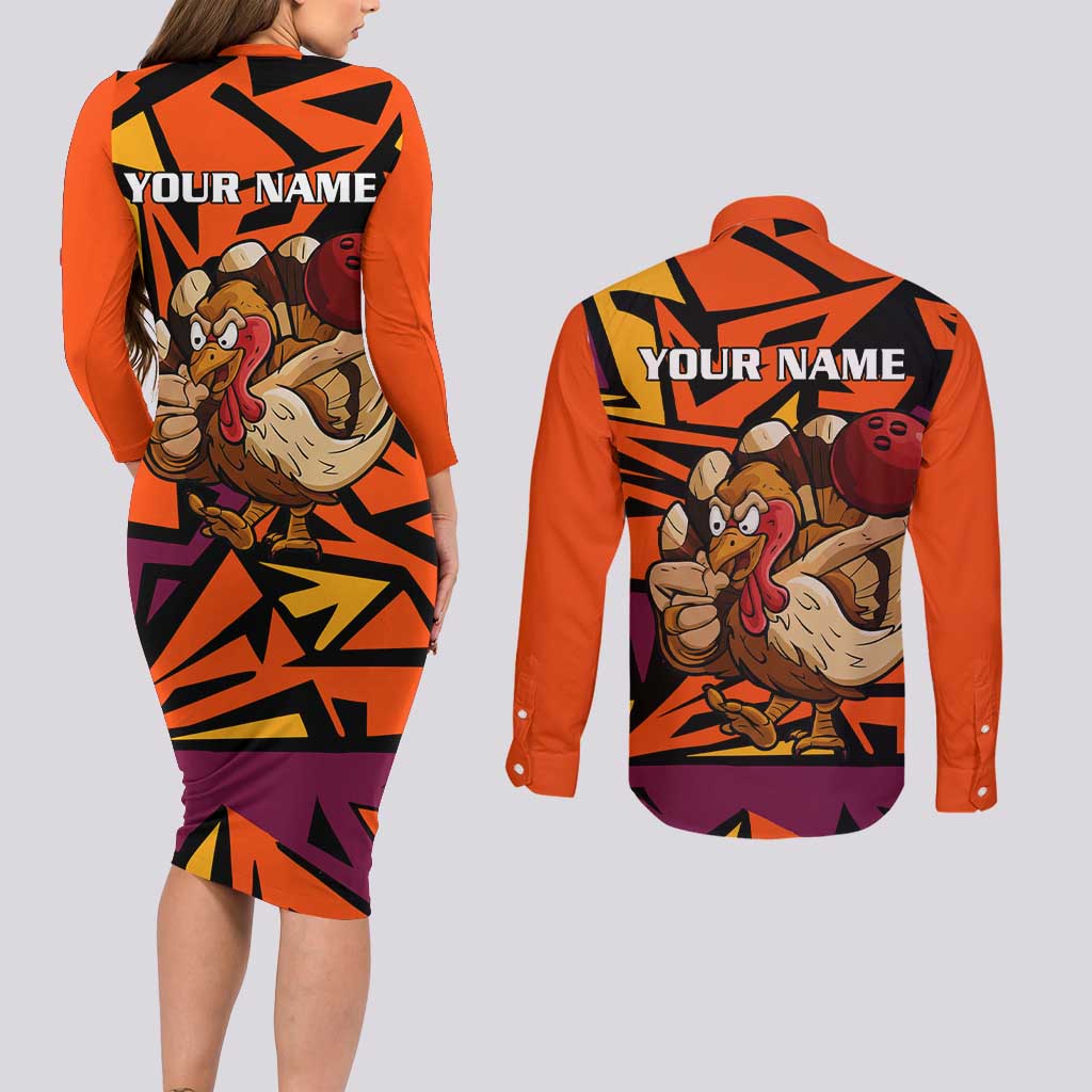 Custom Turkey Bowling Couples Matching Long Sleeve Bodycon Dress and Long Sleeve Button Shirt with Cartoon Turkey Striker and Orange Geometric Pattern - Wonder Print Shop