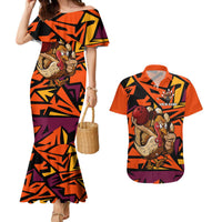 Custom Turkey Bowling Couples Matching Mermaid Dress and Hawaiian Shirt with Cartoon Turkey Striker and Orange Geometric Pattern - Wonder Print Shop