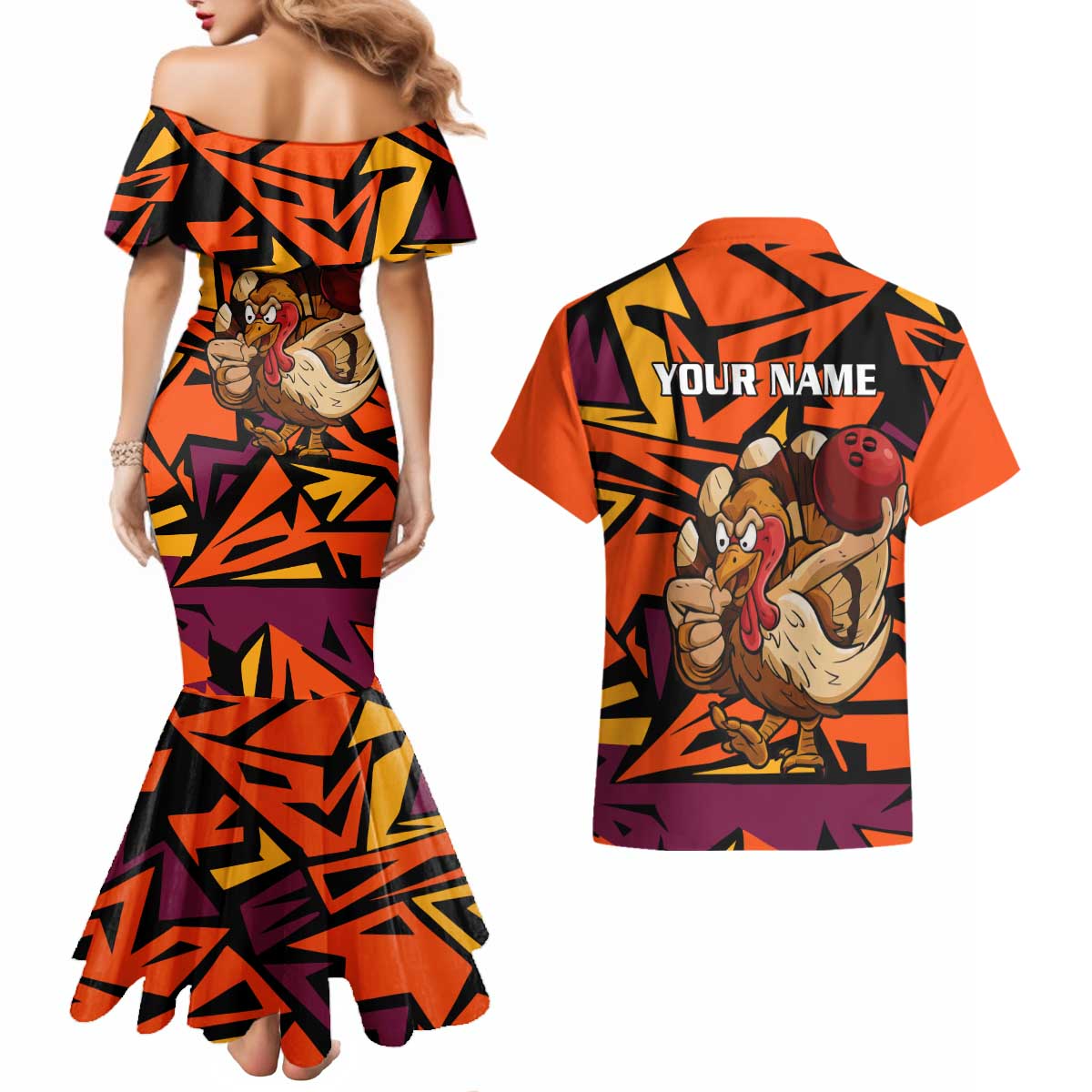 Custom Turkey Bowling Couples Matching Mermaid Dress and Hawaiian Shirt with Cartoon Turkey Striker and Orange Geometric Pattern - Wonder Print Shop