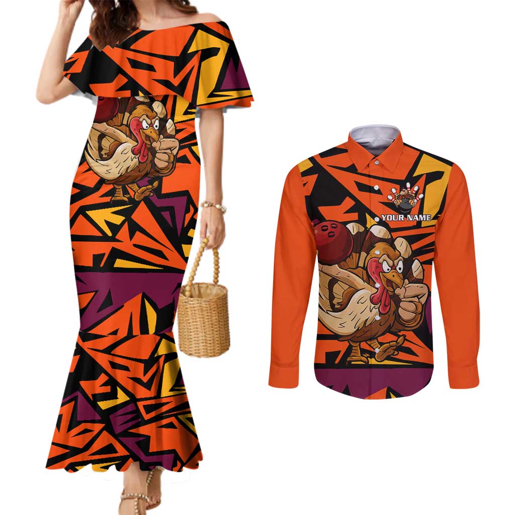 Custom Turkey Bowling Couples Matching Mermaid Dress and Long Sleeve Button Shirt with Cartoon Turkey Striker and Orange Geometric Pattern - Wonder Print Shop
