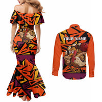Custom Turkey Bowling Couples Matching Mermaid Dress and Long Sleeve Button Shirt with Cartoon Turkey Striker and Orange Geometric Pattern - Wonder Print Shop